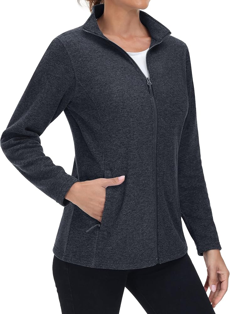 Amazon listing photo of the MAGCOMSEN navy fleece zip jacket with zipper hand pockets