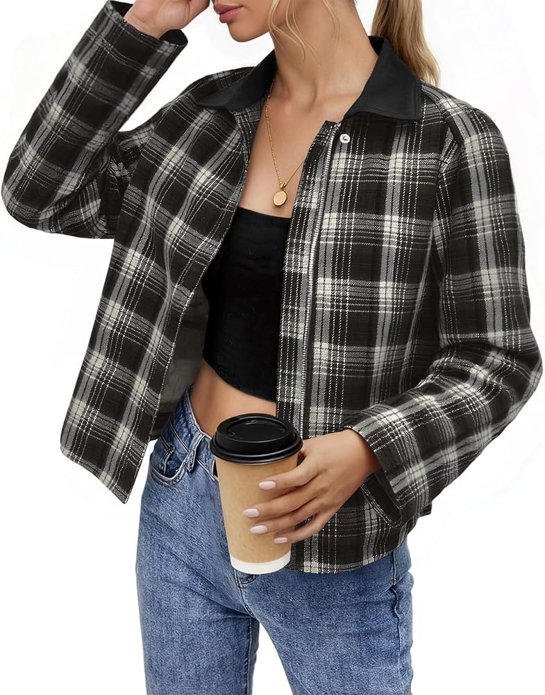 Amazon listing photo of the Tankaneo cropped plaid zip jacket